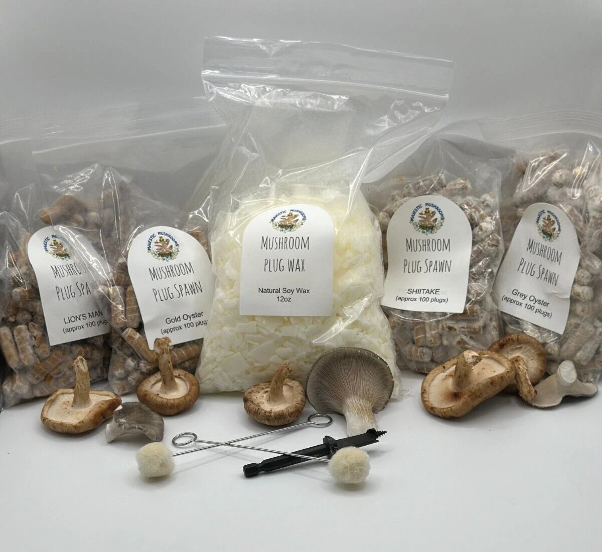 Mushroom plug spawn variety pack & drill/wax combo 4 100 packs